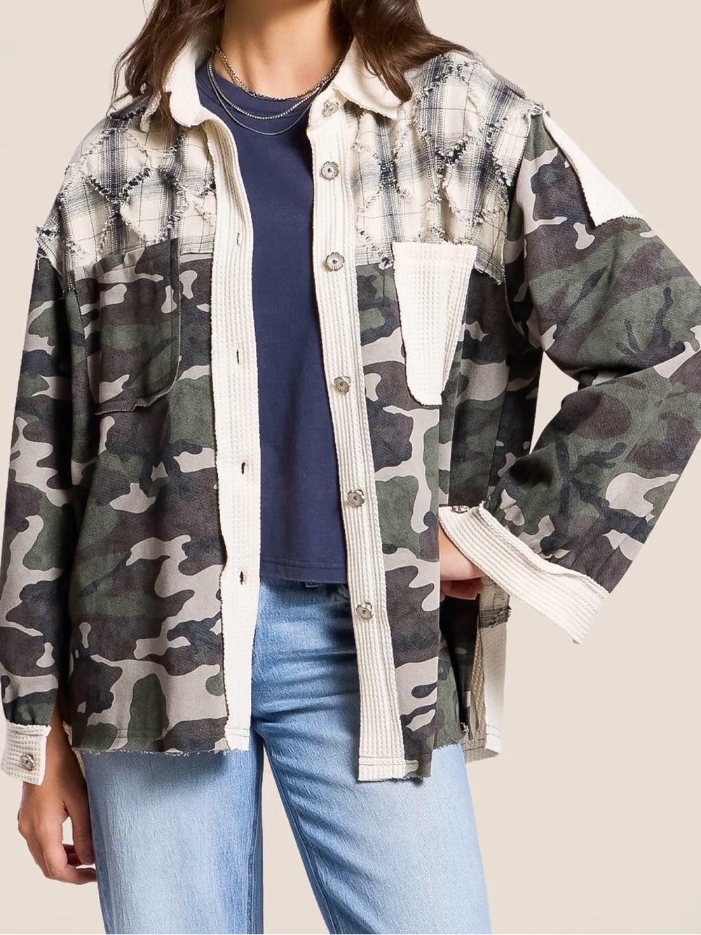 POL Camo Utility Jacket with Cream Sherpa Trim